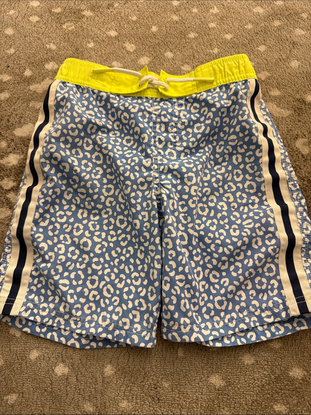 Boy’s Blue Leopard Print Swim Shorts with Yellow Waistband